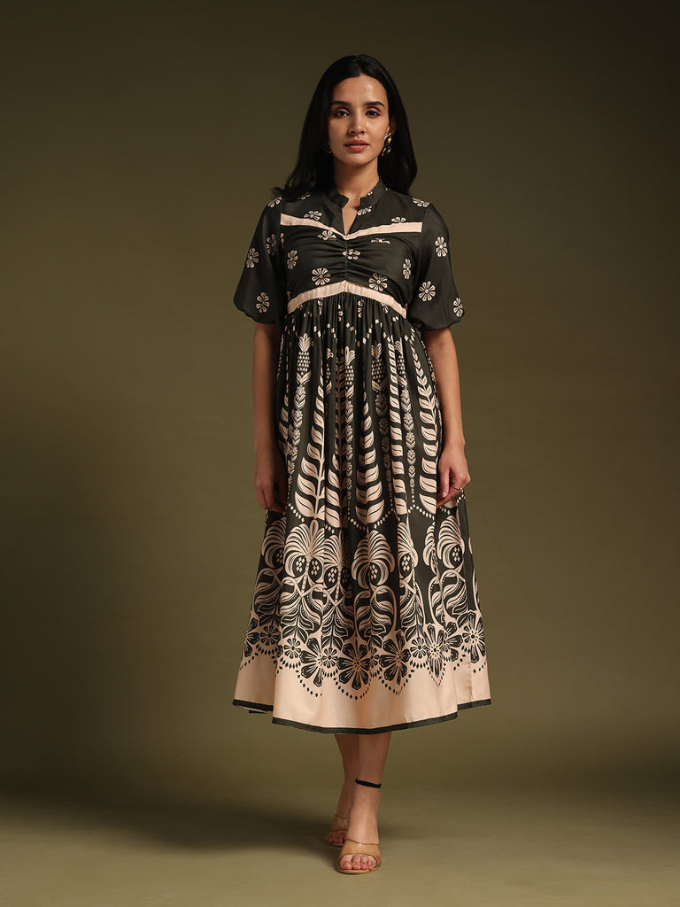 Dark mehndi Printed Fit & Flare Midi Dress