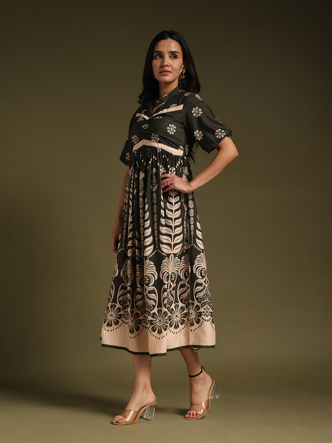Dark mehndi Printed Fit & Flare Midi Dress