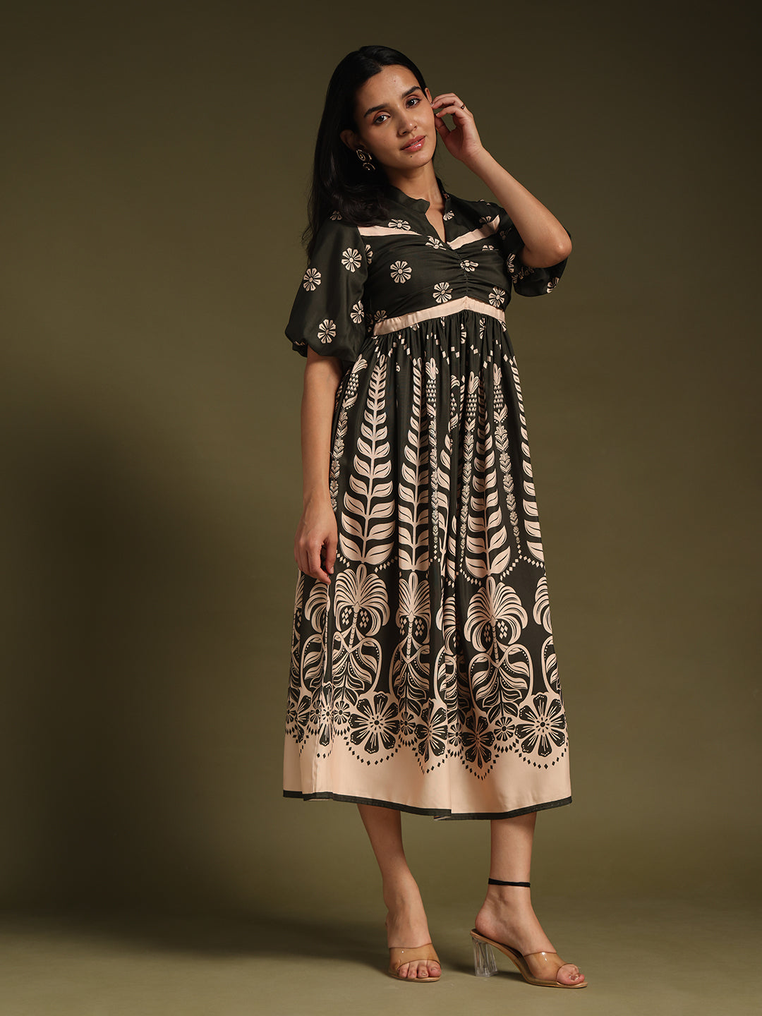 Dark mehndi Printed Fit & Flare Midi Dress