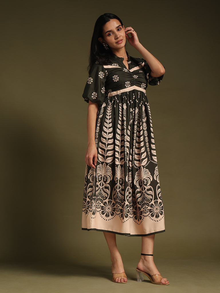 Dark mehndi Printed Fit & Flare Midi Dress