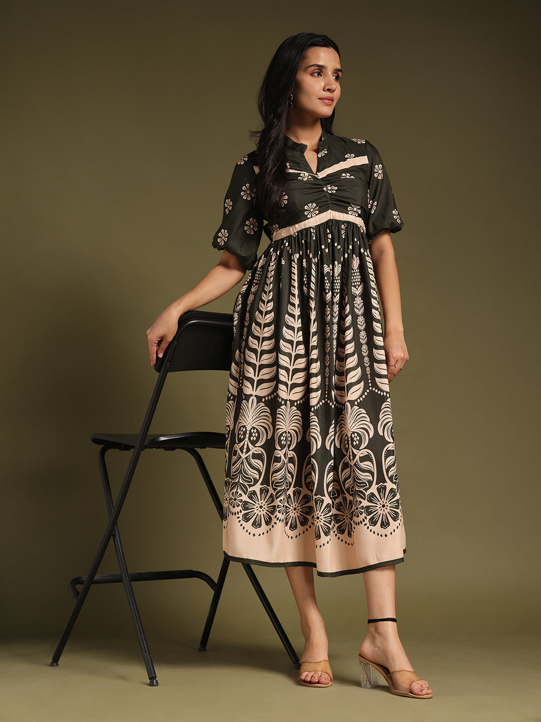 Dark mehndi Printed Fit & Flare Midi Dress