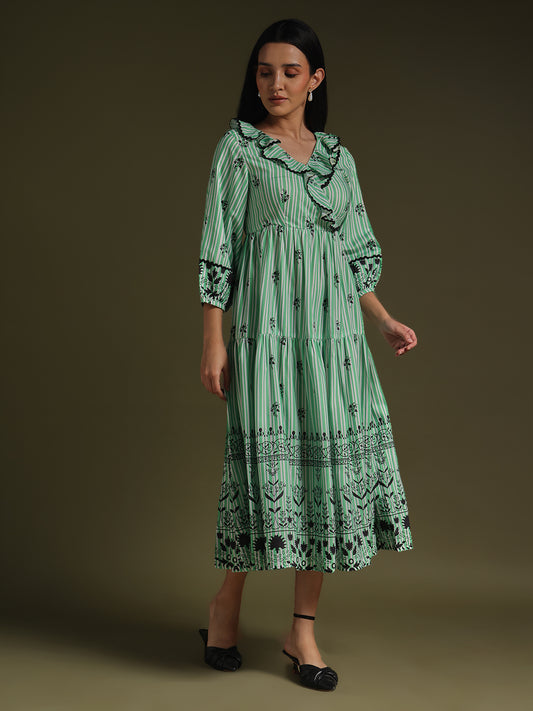 Green Striped Floral Printed Tiered Midi Dress