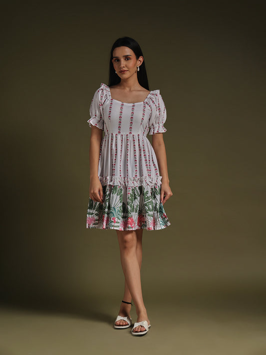 White Floral Printed Fit & Flare Mini Dress