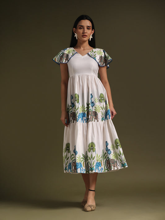 Cream Printed Fit & Flare Midi Dress