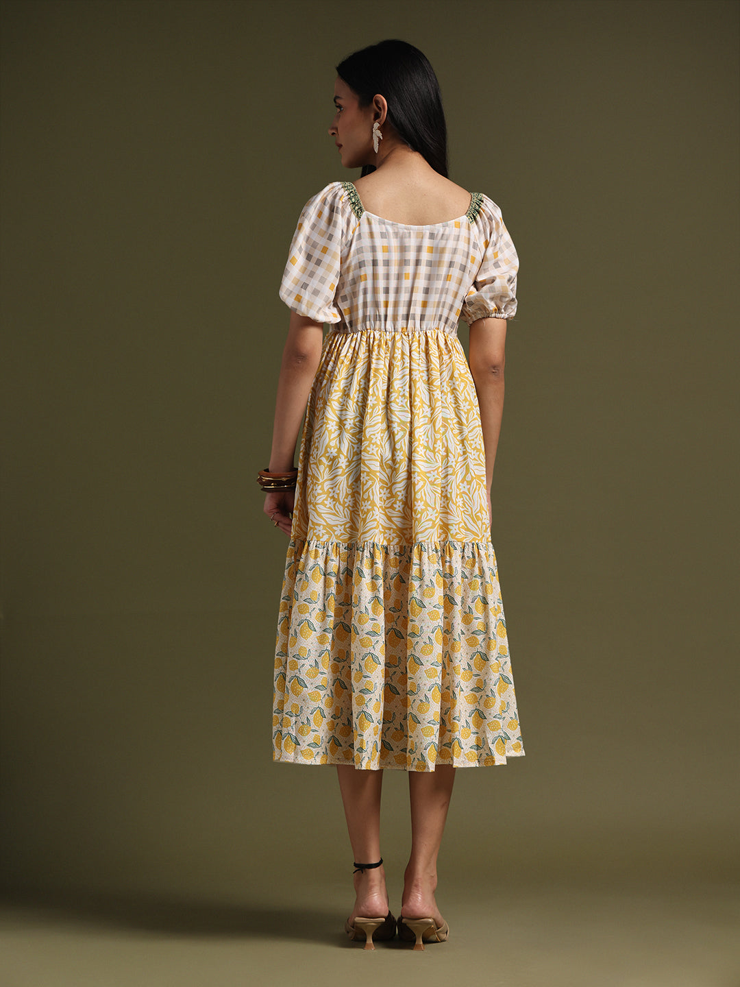 Cream & Mustard Yellow Printed Fit & Flare Midi Dress