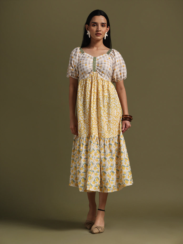 Cream & Mustard Yellow Printed Fit & Flare Midi Dress
