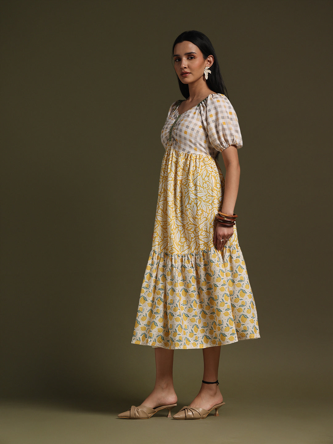 Cream & Mustard Yellow Printed Fit & Flare Midi Dress