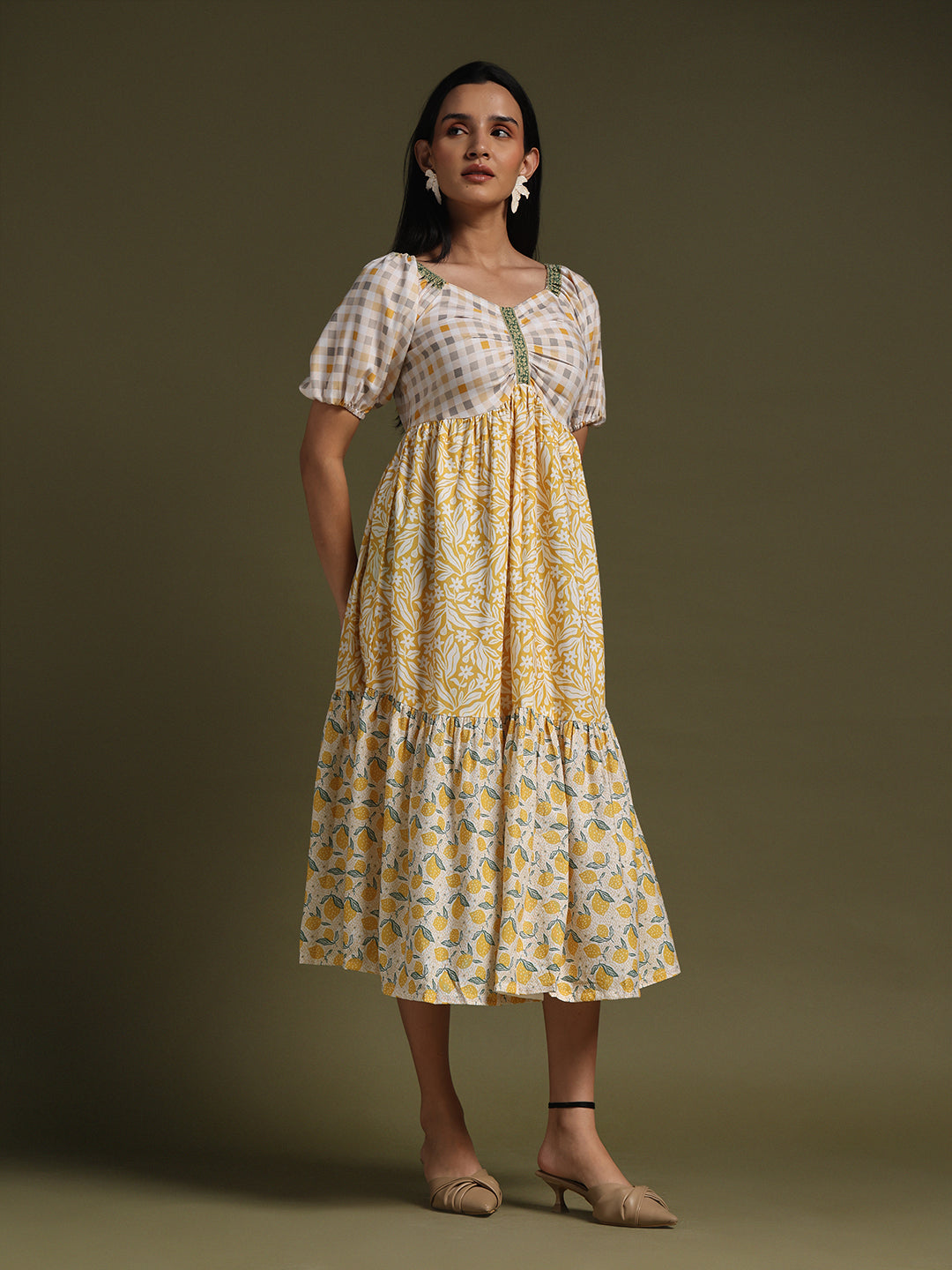 Cream & Mustard Yellow Printed Fit & Flare Midi Dress