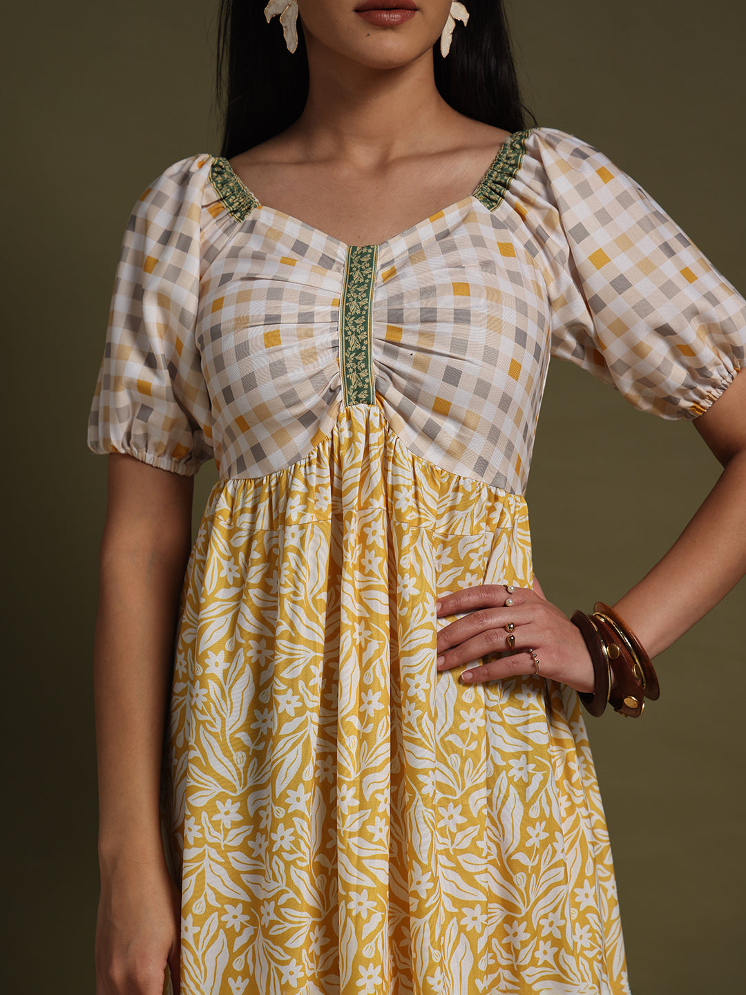 Cream & Mustard Yellow Printed Fit & Flare Midi Dress