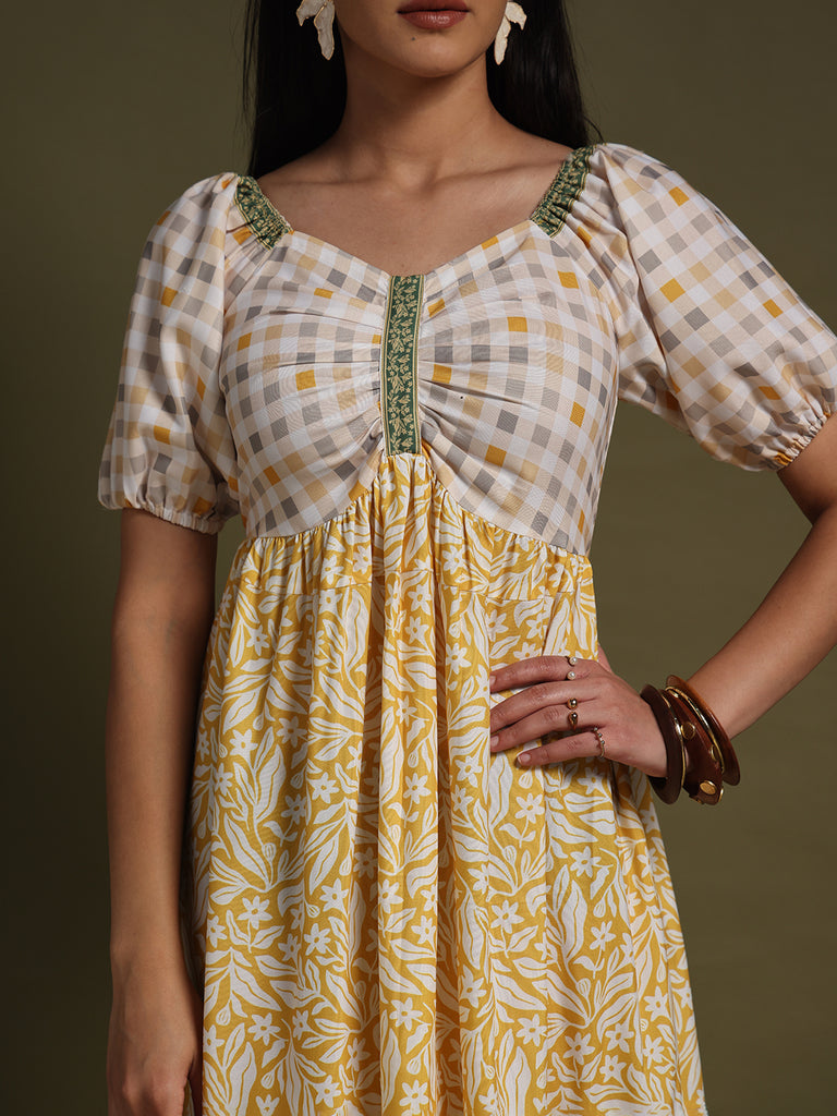 Cream & Mustard Yellow Printed Fit & Flare Midi Dress