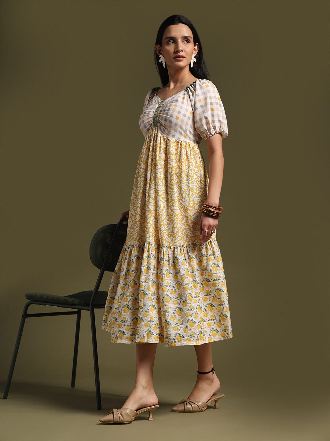Cream & Mustard Yellow Printed Fit & Flare Midi Dress