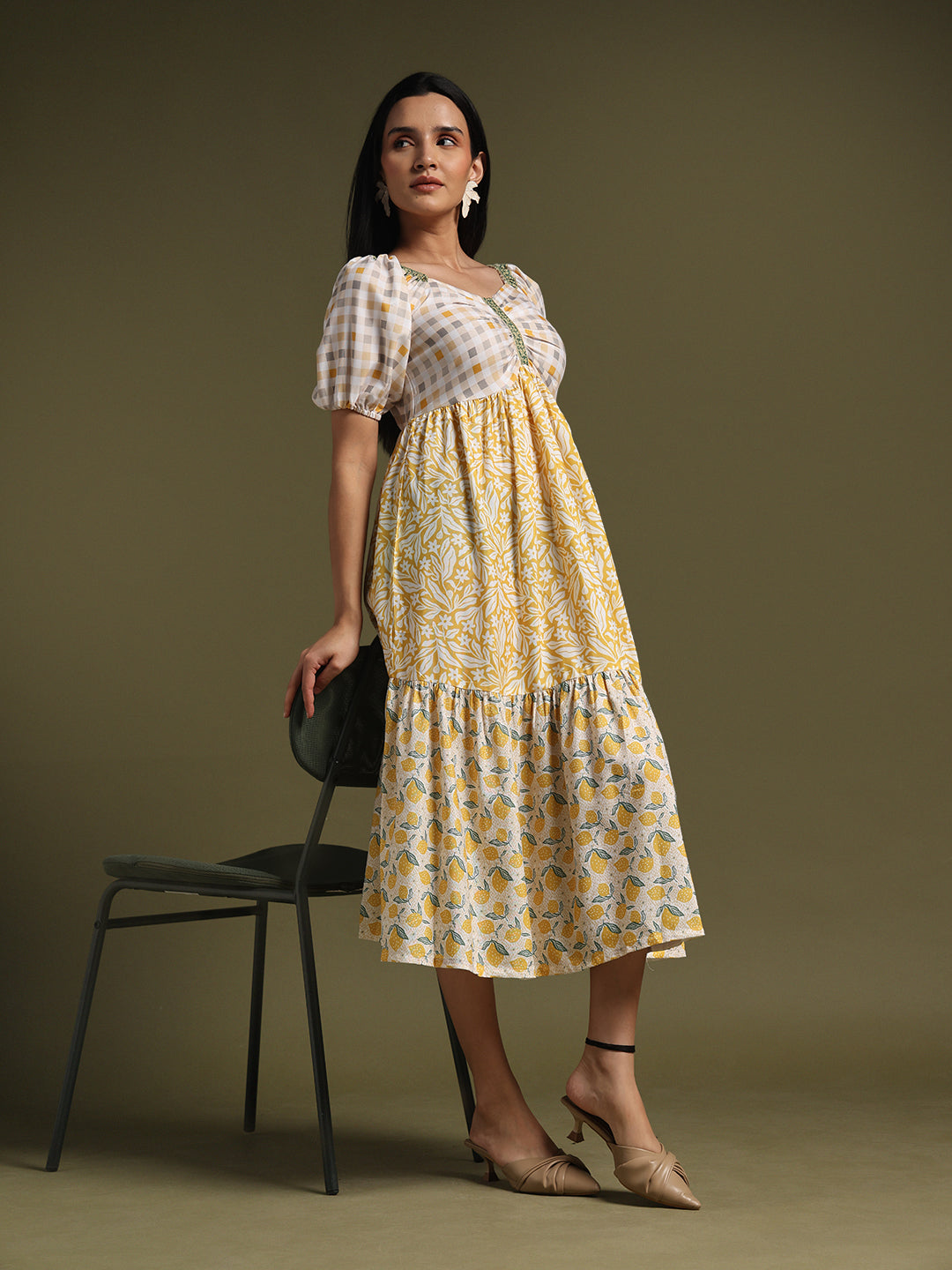 Cream & Mustard Yellow Printed Fit & Flare Midi Dress