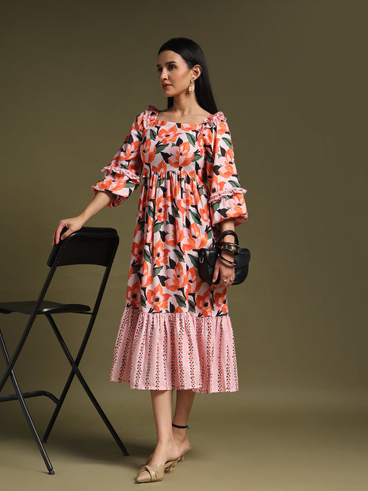 Orange Floral Printed Midi Dress