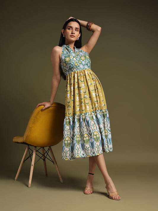 Green & Mustard Floral Printed Fit & Flare Midi Dress