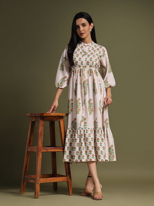 Ivory Floral Printed Fit & Flare Midi Dress
