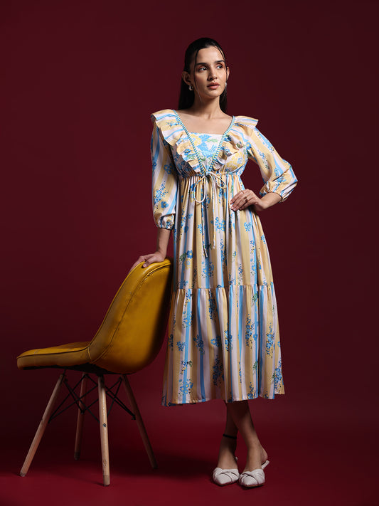 Yellow & Blue Floral Printed Fit & Flare Midi Dress