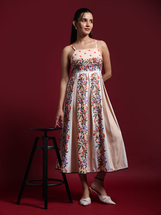 Beige floral Printed Fit & Flare Midi Dress