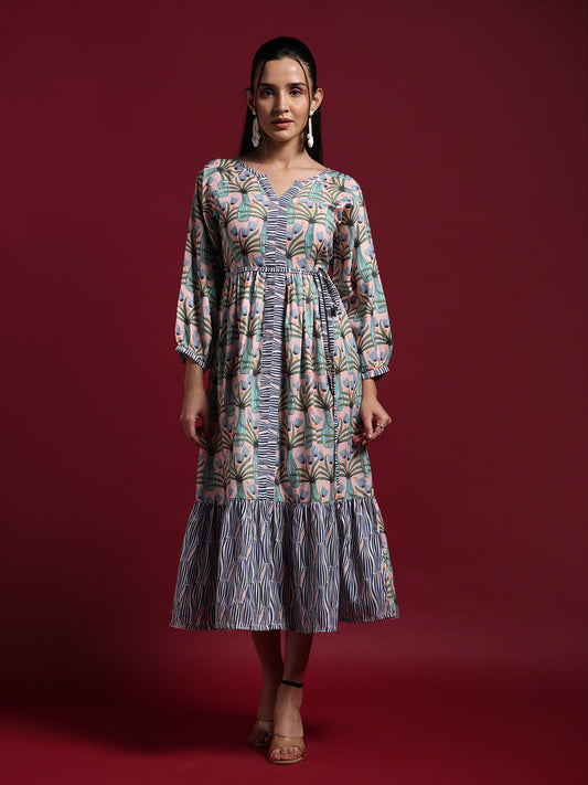 Beige Floral Printed Fit & Flare Midi Dress