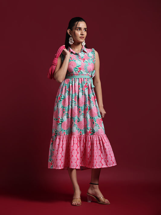 Mint Green Floral Printed Fit & Flare Midi Dress