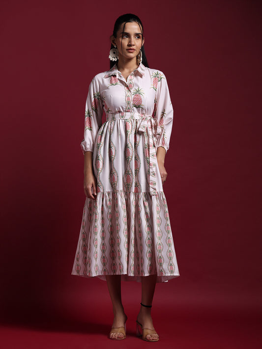 Beige Pineapple Printed Midi Dress
