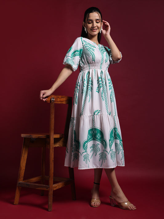 White & Green Tropical Leaf Printed Fit & Flare Midi Dress