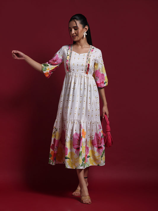 White Floral Printed Fit & Flare Midi Dress