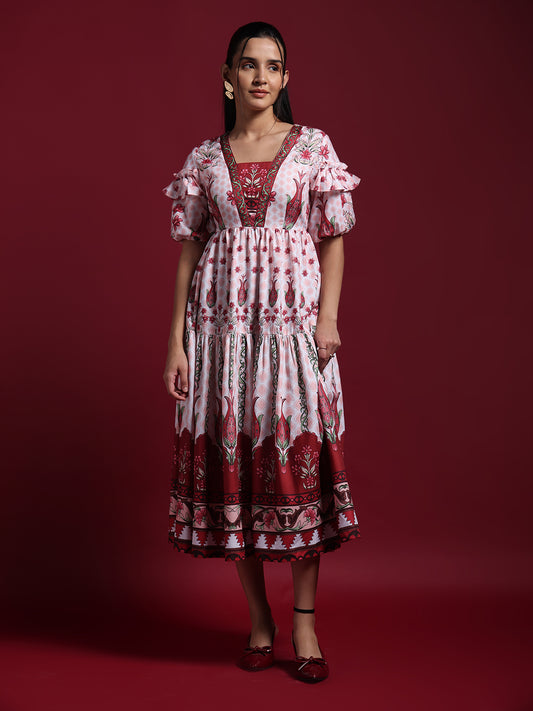 Pink & Maroon Floral Printed Fit & Flare Midi Dress