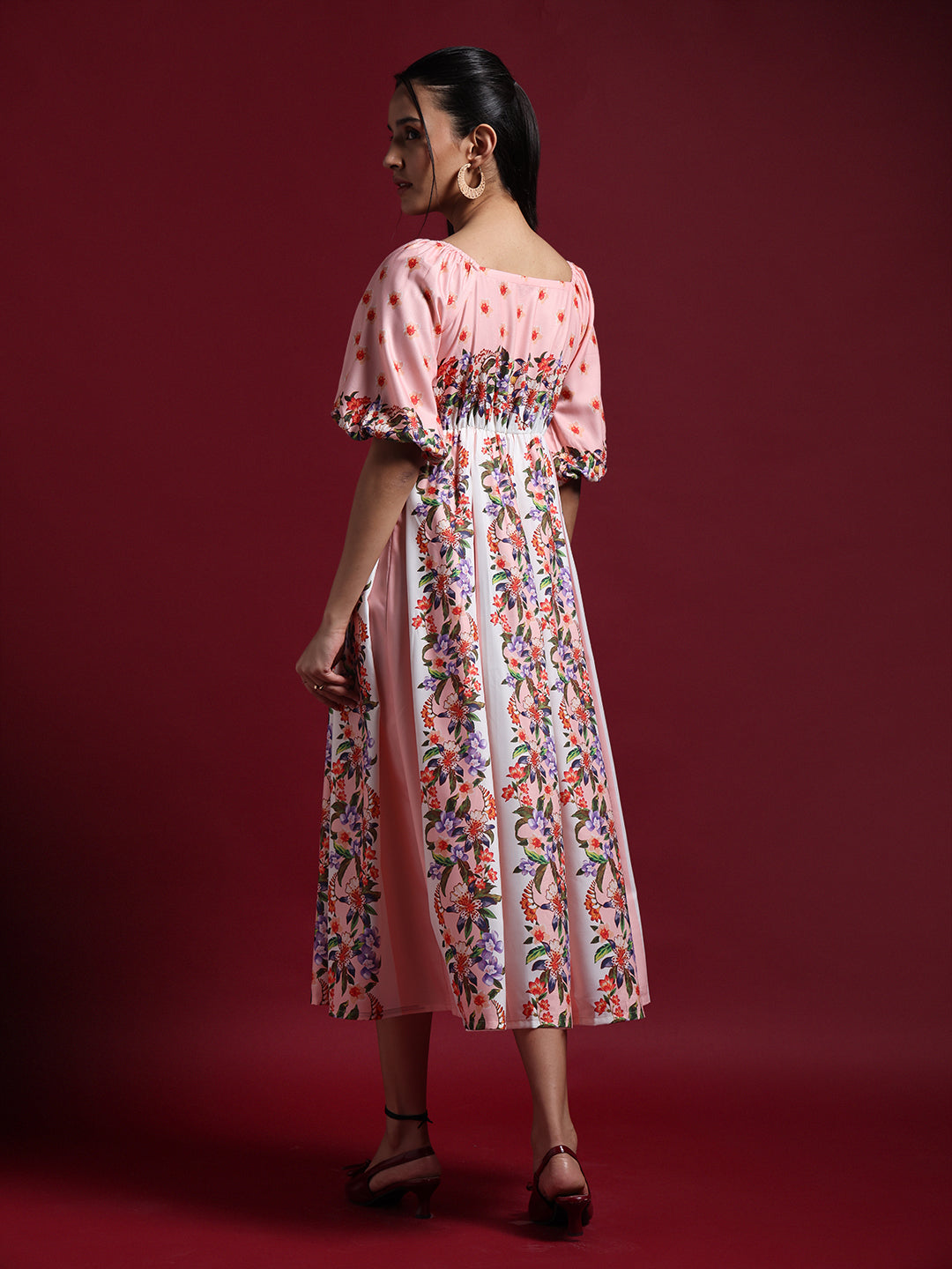 Pink Floral Printed Fit & Flare Midi Dress
