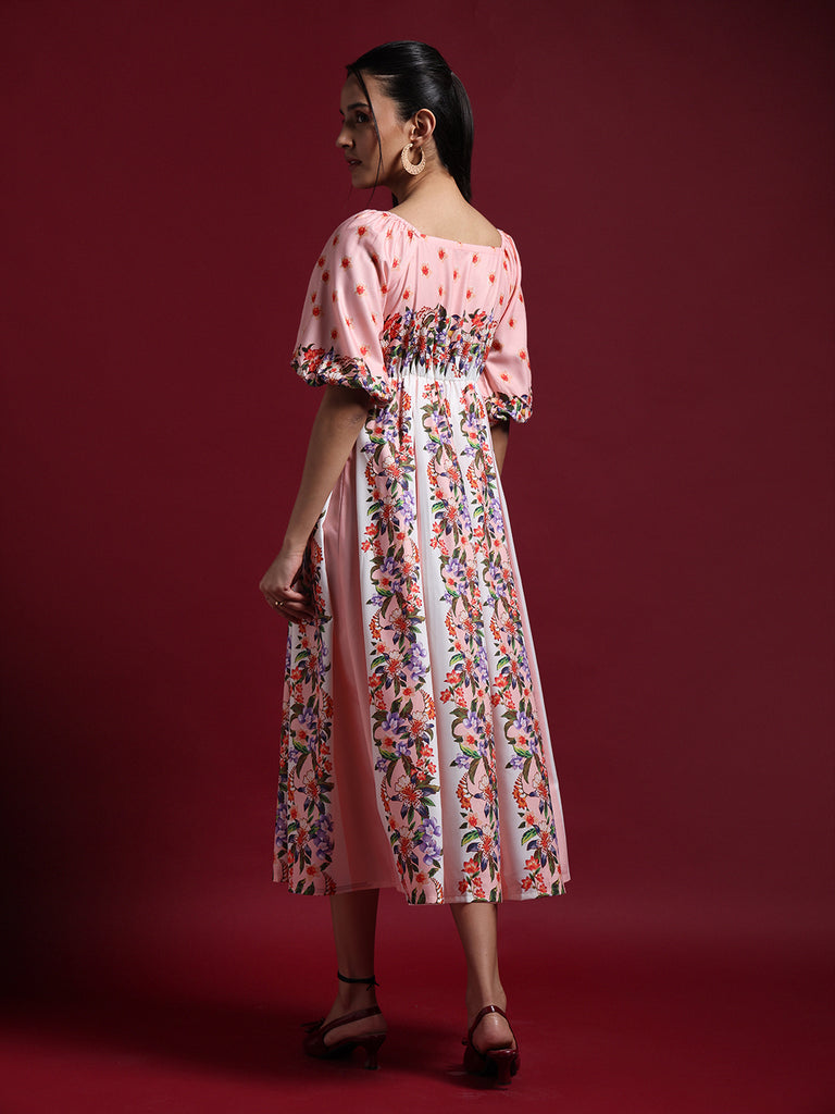 Pink Floral Printed Fit & Flare Midi Dress