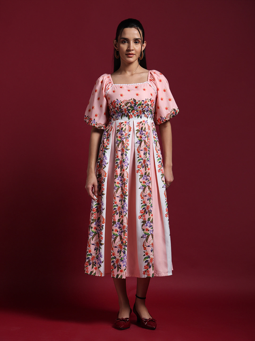 Pink Floral Printed Fit & Flare Midi Dress