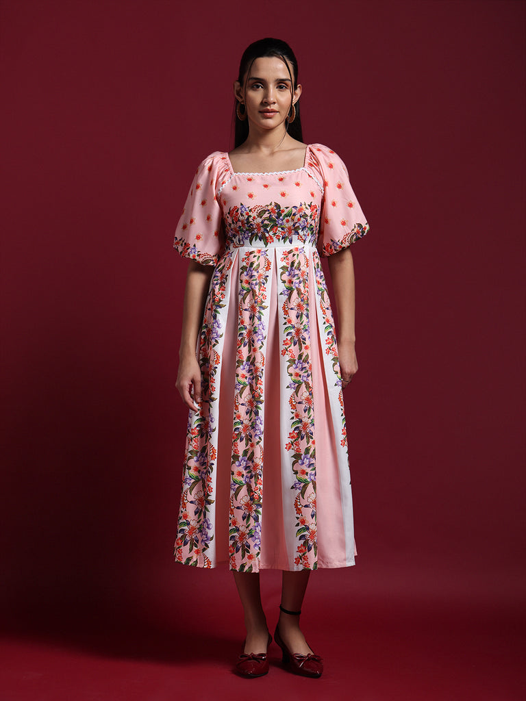 Pink Floral Printed Fit & Flare Midi Dress