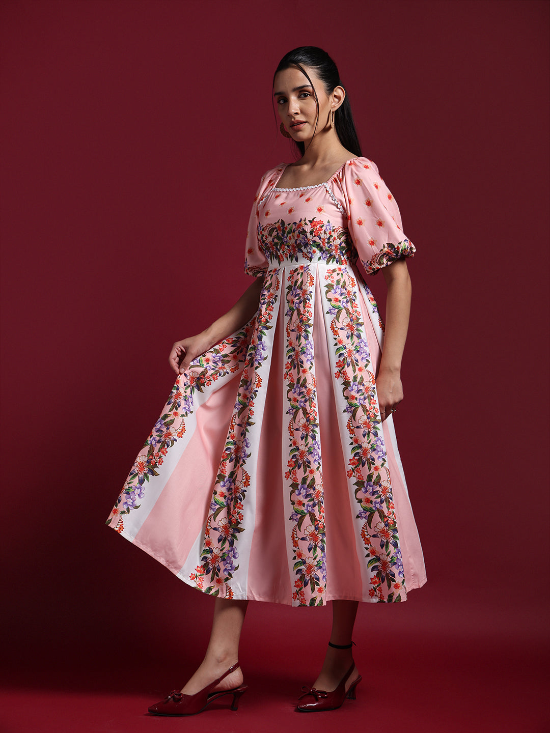 Pink Floral Printed Fit & Flare Midi Dress