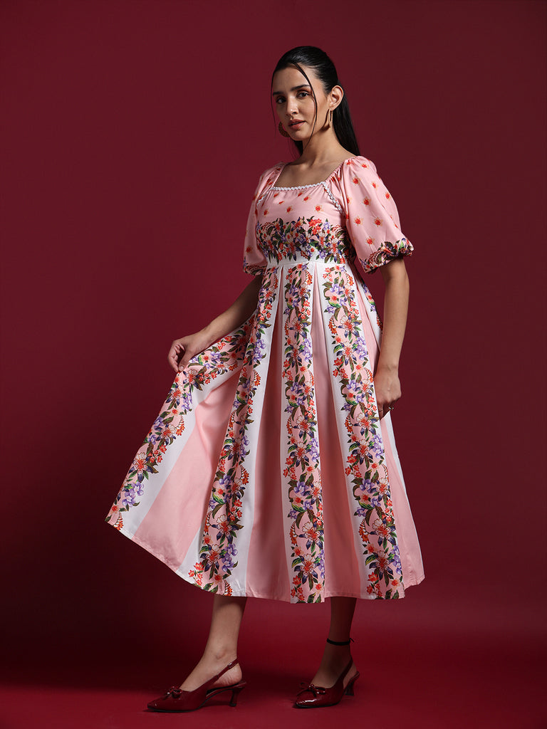 Pink Floral Printed Fit & Flare Midi Dress