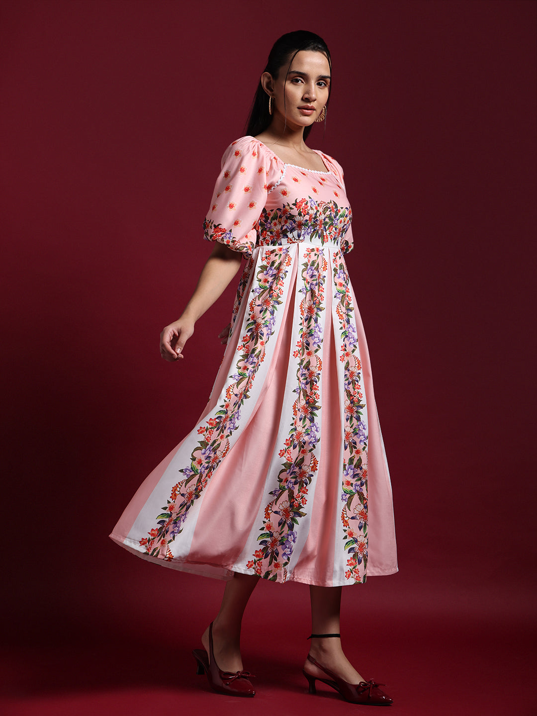 Pink Floral Printed Fit & Flare Midi Dress