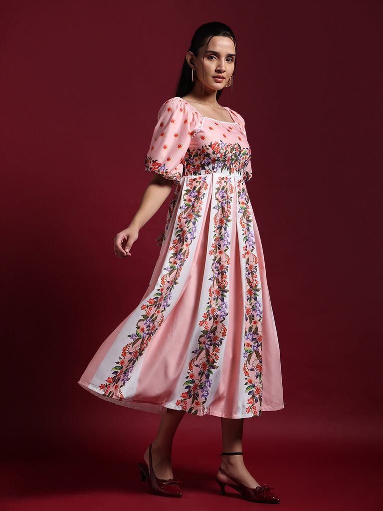 Pink Floral Printed Fit & Flare Midi Dress