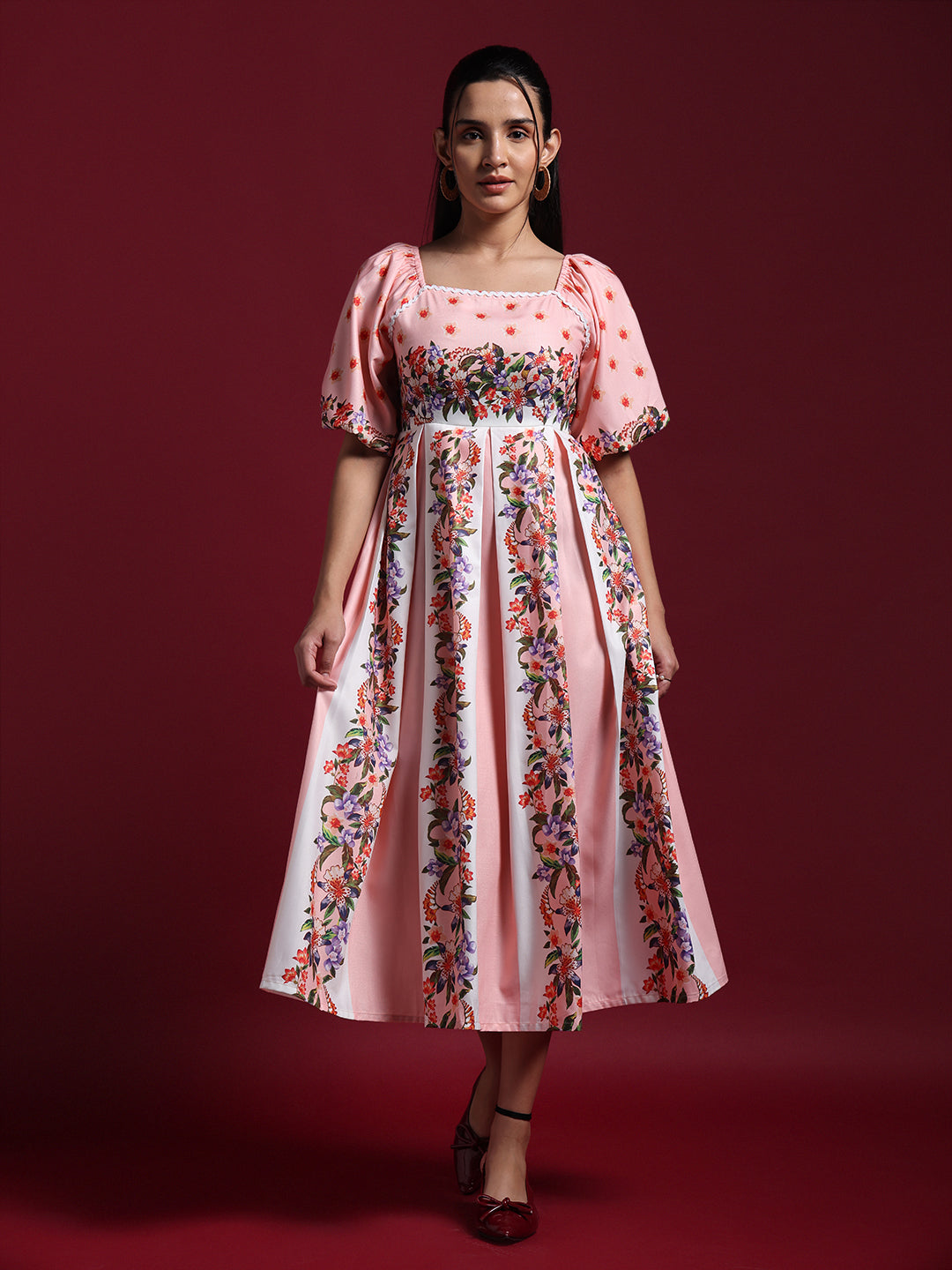 Pink Floral Printed Fit & Flare Midi Dress