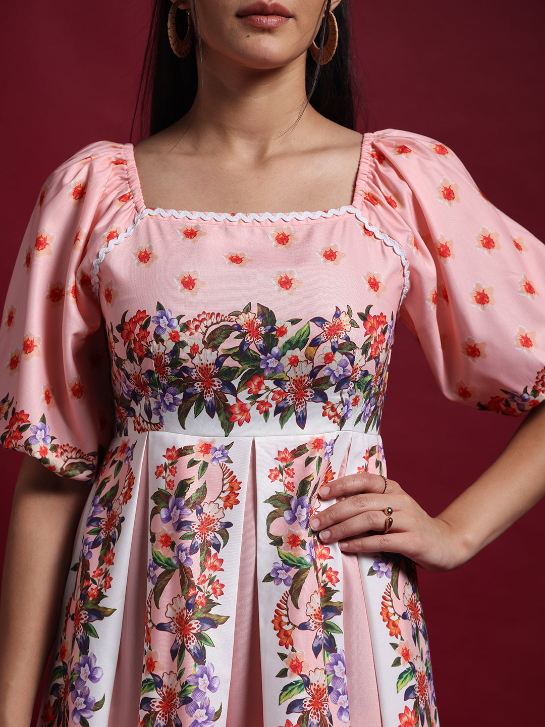 Pink Floral Printed Fit & Flare Midi Dress