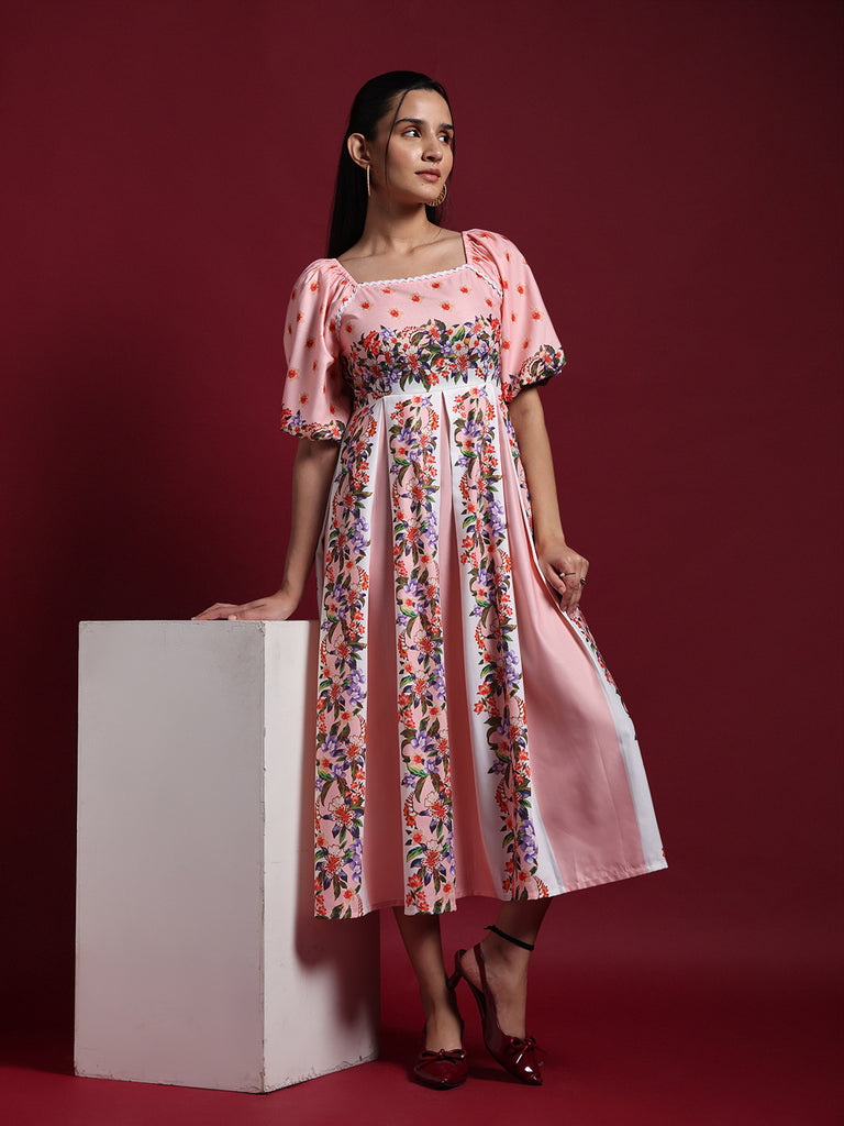 Pink Floral Printed Fit & Flare Midi Dress