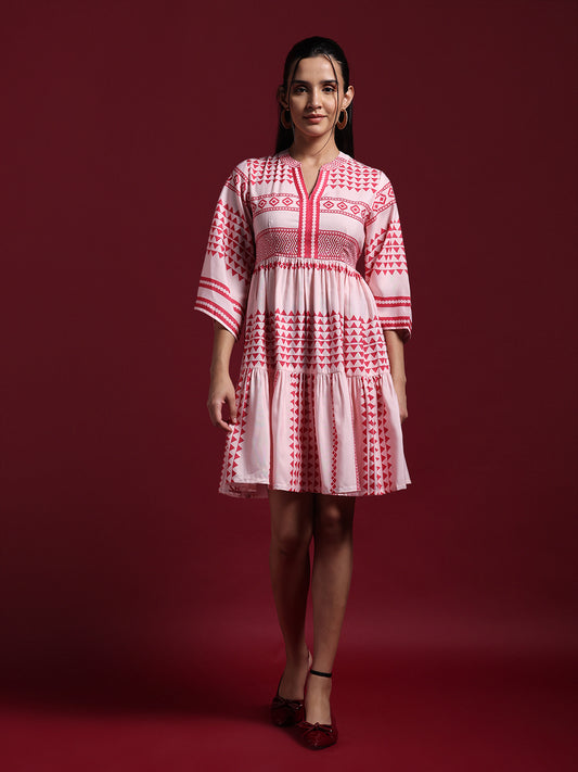 Pink Geometric Printed Fit & Flare Mini Dress
