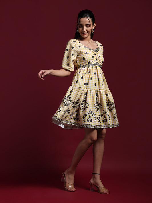 Yellow Checked Floral Printed Fit & Flare Mini Dress