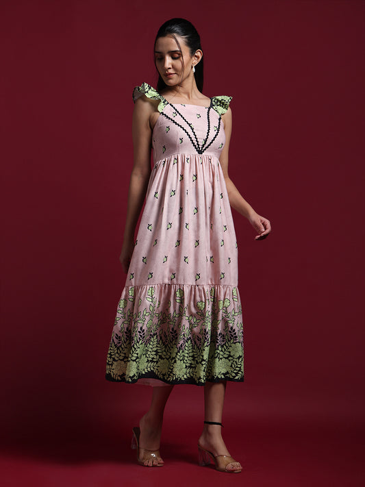 Ivory Floral Printed Fit & Flare Midi Dress