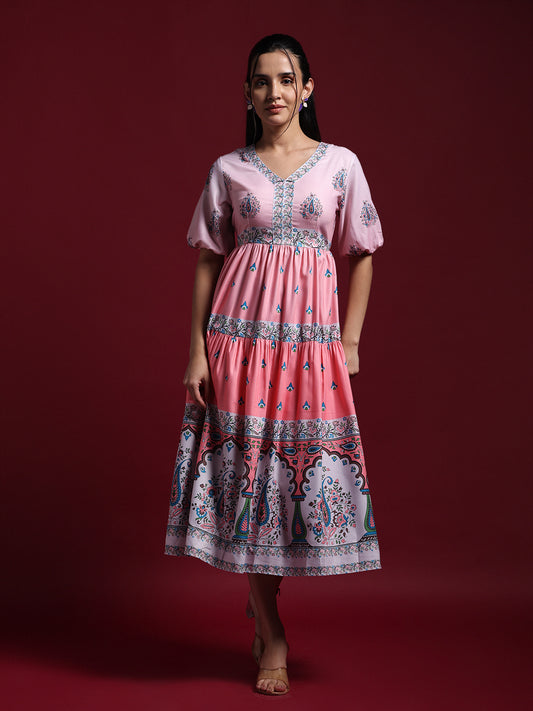 Pink Printed Fit & Flare New Midi Dress