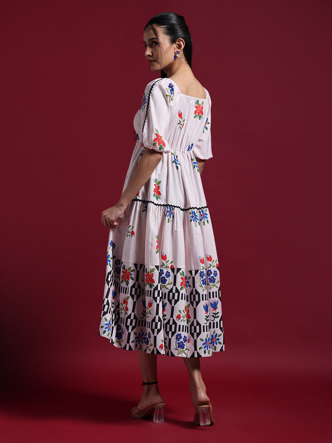 Beige Floral Printed Fit & Flare Midi Dress