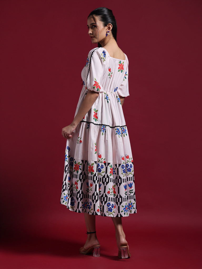 Beige Floral Printed Fit & Flare Midi Dress