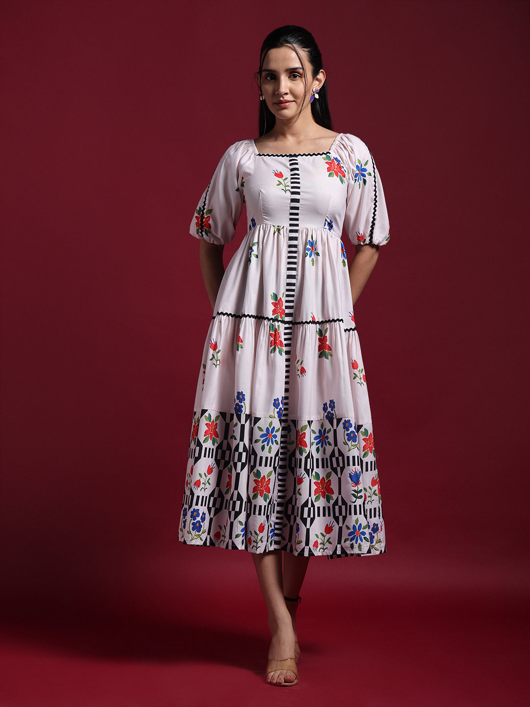 Beige Floral Printed Fit & Flare Midi Dress