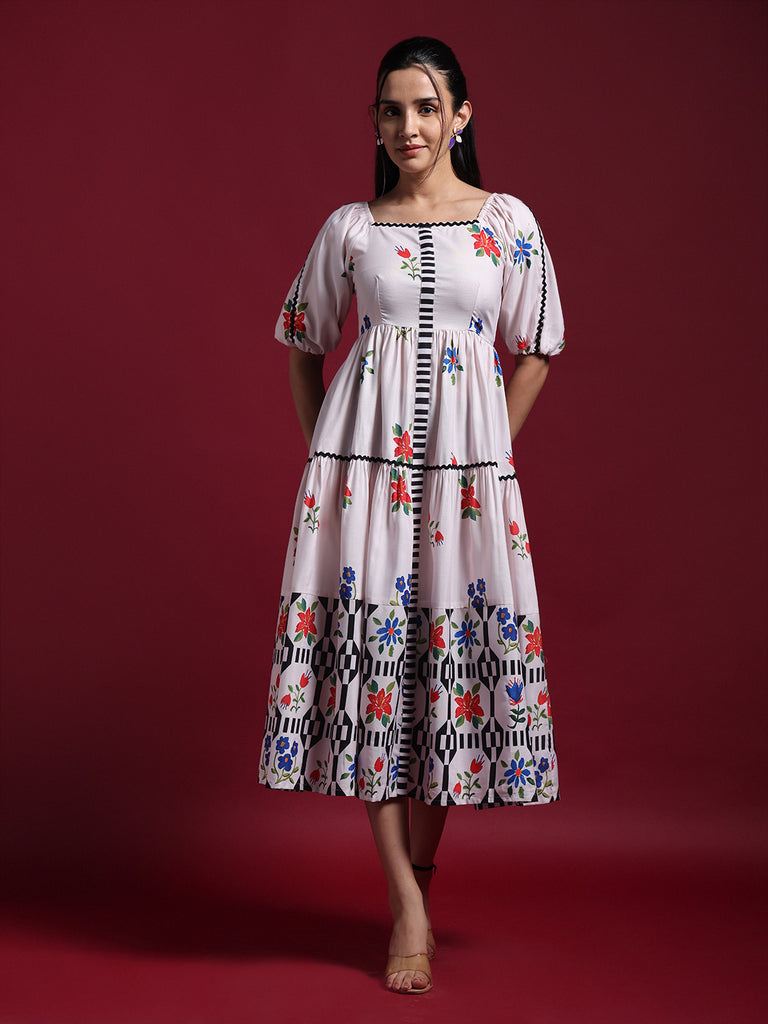 Beige Floral Printed Fit & Flare Midi Dress