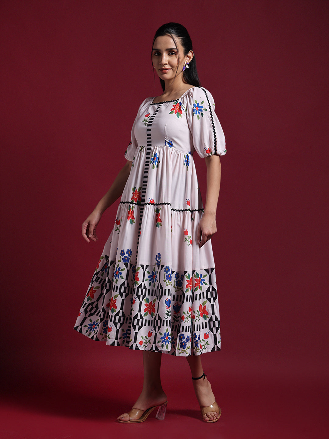 Beige Floral Printed Fit & Flare Midi Dress