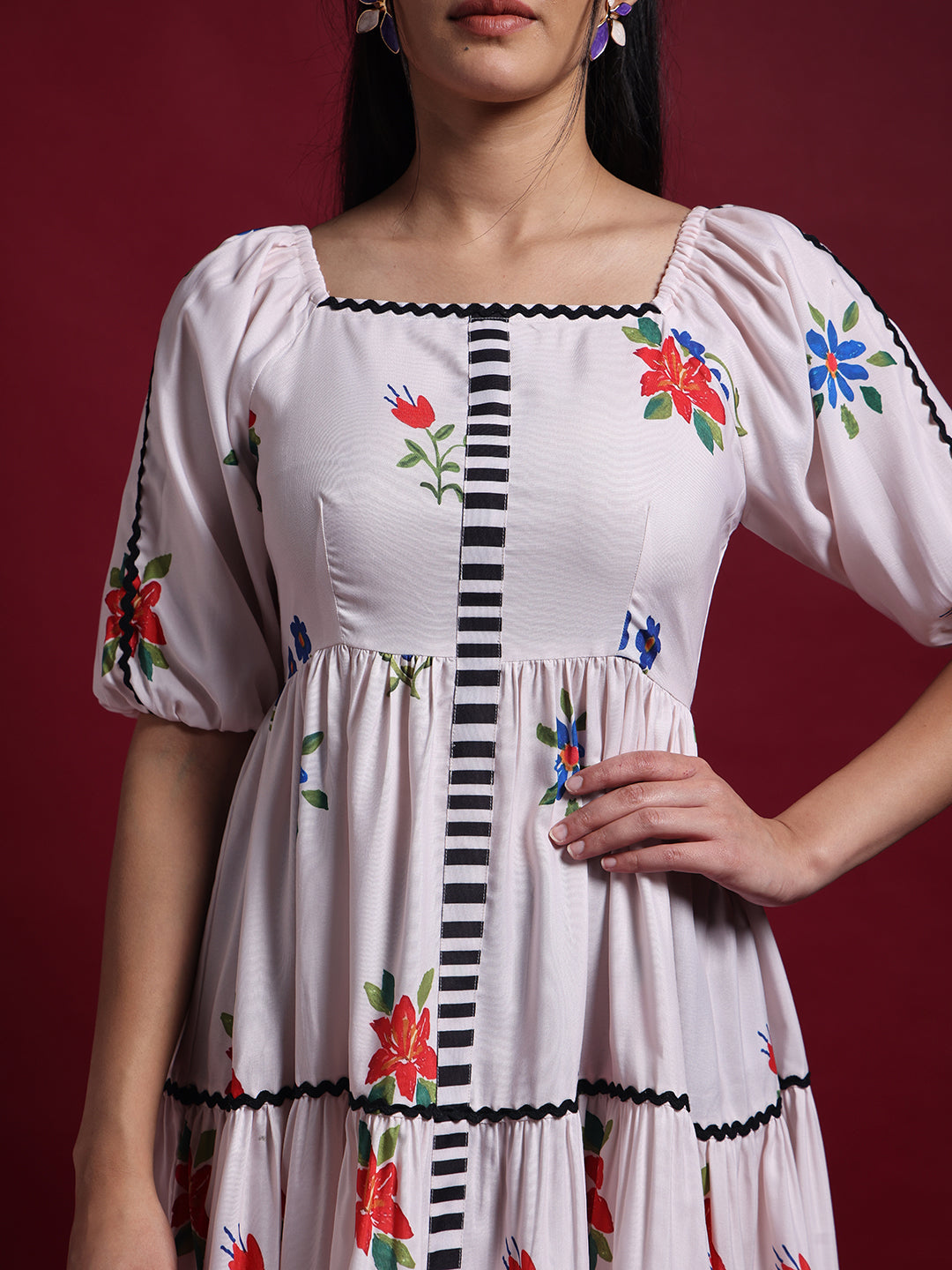 Beige Floral Printed Fit & Flare Midi Dress