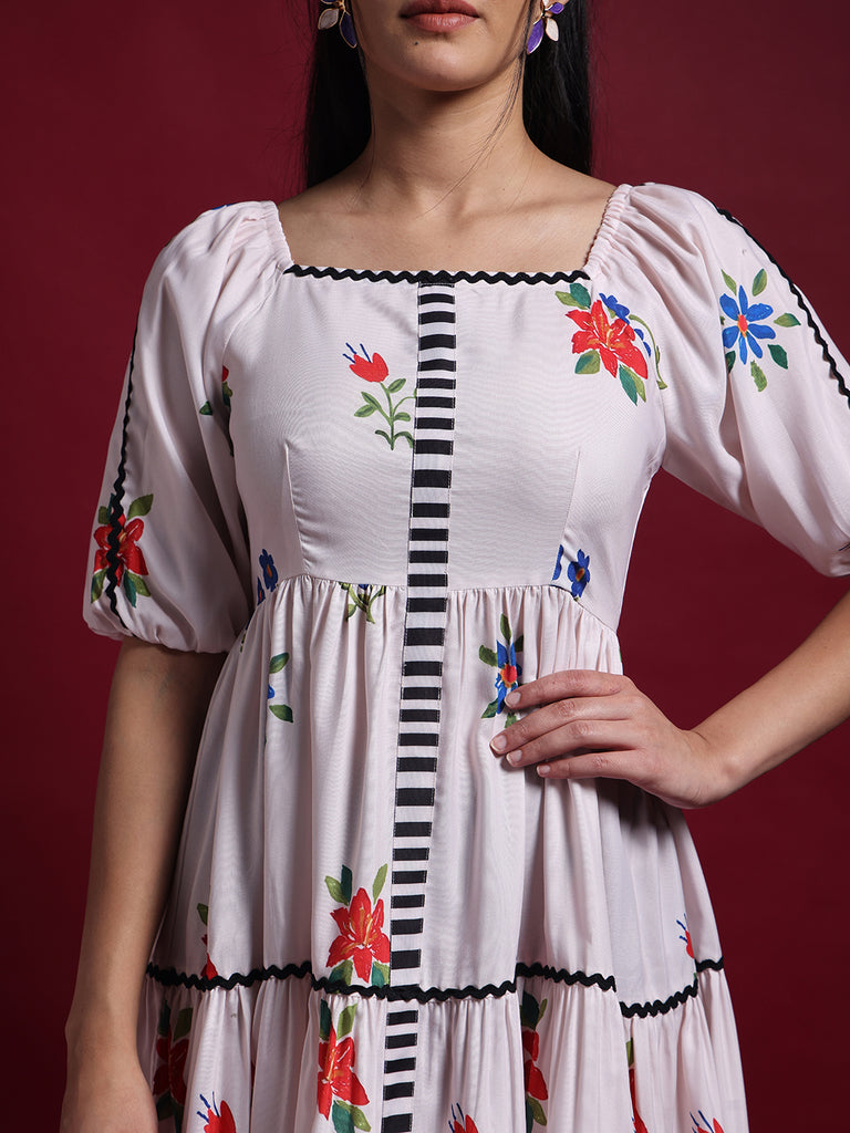 Beige Floral Printed Fit & Flare Midi Dress