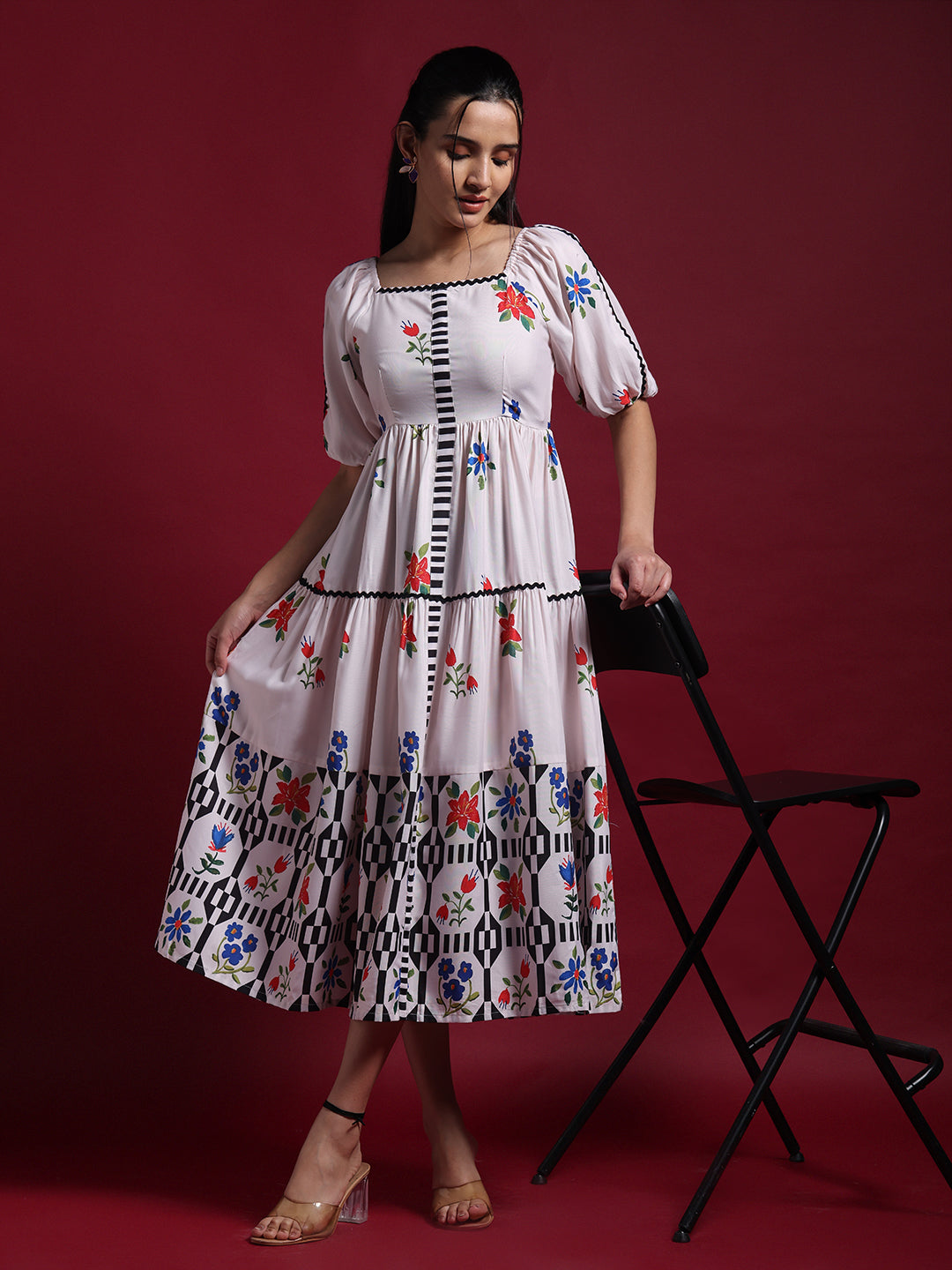 Beige Floral Printed Fit & Flare Midi Dress